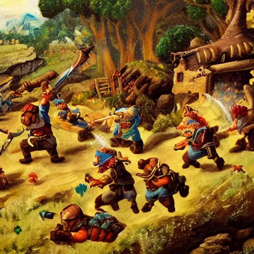 Image similar to an epic gnome battle scene, the attack of suicide dwarves, a detailed oil painting by William Byrd, the Battell style