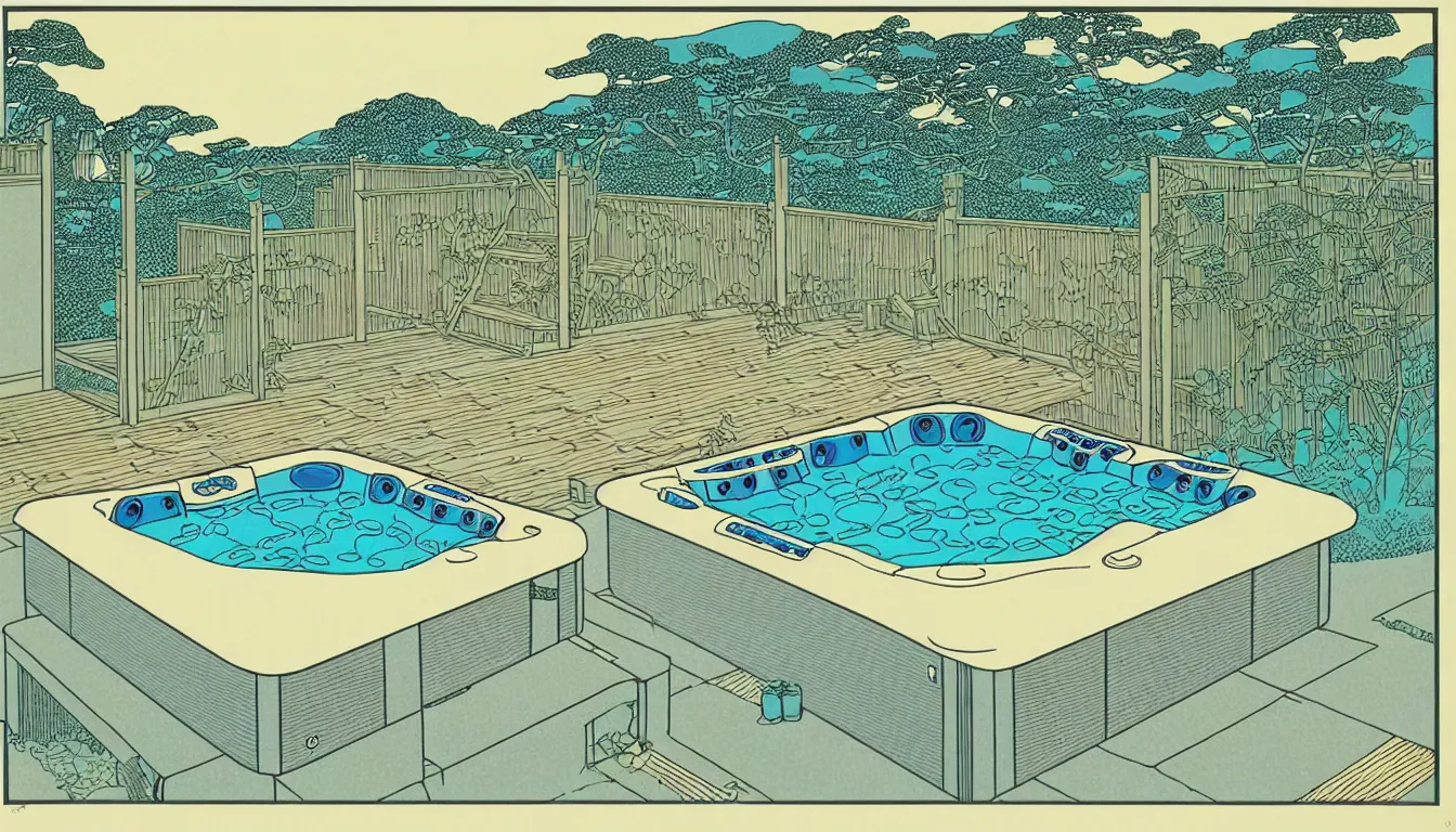 Image similar to hot tub in the backyard by woodblock print, moebius