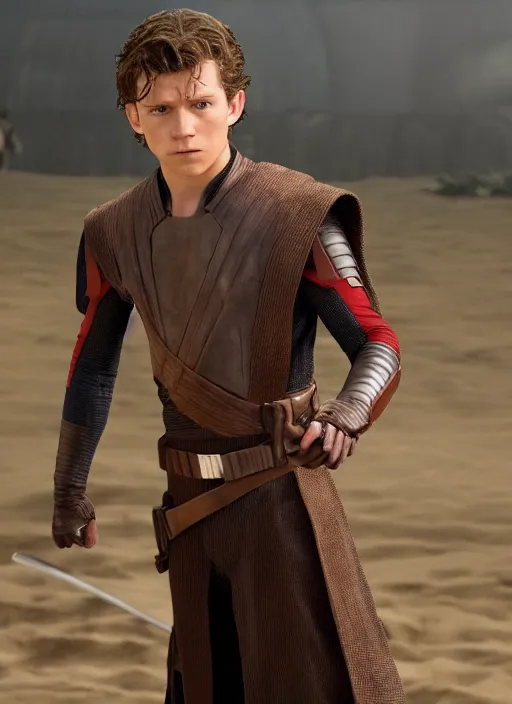 Image similar to tom holland plays anakin skywalker in the live action remake of star wars revenge of the sith, 3 5 mm photography, highly detailed, cinematic lighting, standing pose, 4 k