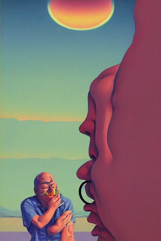 Image similar to man licks a tab of LSD acid on his tongue and experiences psychedelic hallucinations, by kawase hasui, moebius, Edward Hopper and James Gilleard, Zdzislaw Beksinski, Steven Outram colorful flat surreal design, hd, 8k, artstation