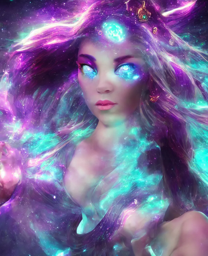 Image similar to a Celestial goddess of time and space floating in the cosmos striking beauty oracle gemstones trending on artstation purple amathist color scheme + gemstone crystals + realistic + photorealistic + octane render + 3d render