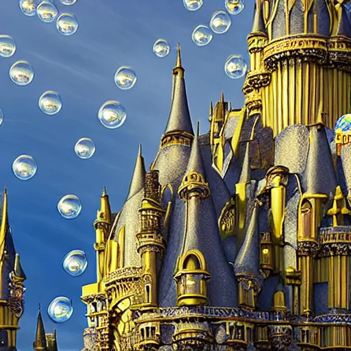 Image similar to a irisdescent bubble flies high in the clouds. a magical mirror castle floats in this bubble, with yellow diamonds on the facade and many filigree turrets, insanely detailed, 8 k, 3 d, splendid