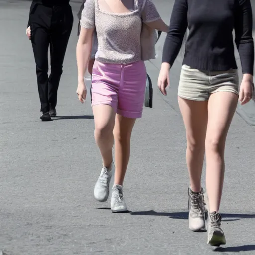 Image similar to Jennifer Lawrence and Jennifer Lawrence walking down the street together, soft focus, hyperdetailed, 8k