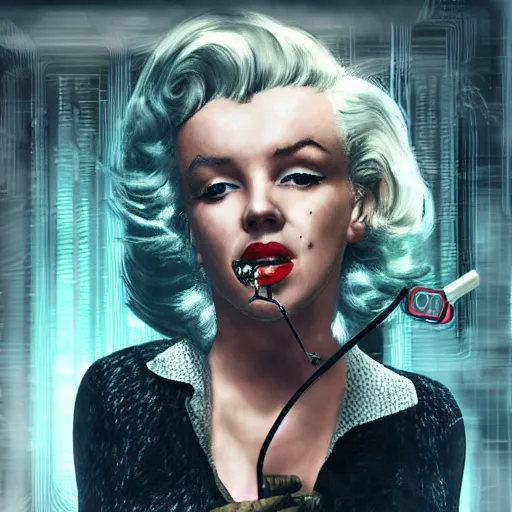 Image similar to marilyn monroe cyberpunk, cigarette dangling, grenade in hand, by pascal blanche, ultradetailed, 8 k