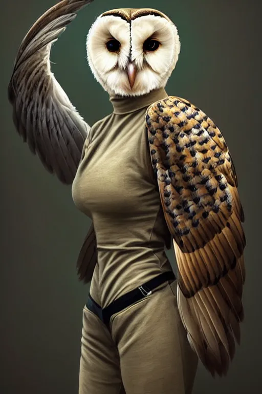 Prompt: epic professional digital art of female human - barn owl hybrid animal wearing air force jumpsuit, feathered head, owl beak, painting, by lisa roet, reyna rochin, iris van herpen, leesha hannigan, artstation, cgsocietywlop, epic, much wow, much detail, gorgeous, detailed, cinematic, masterpiece