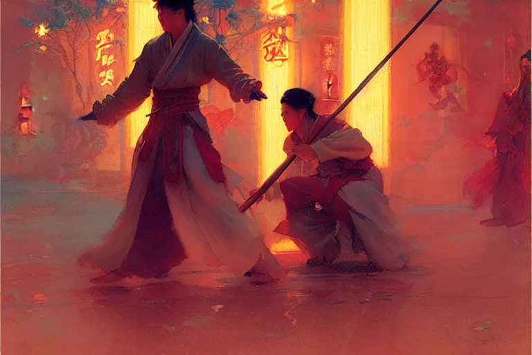 Image similar to wuxia, summer, attractive male, neon light, painting by gaston bussiere, craig mullins, j. c. leyendecker