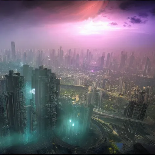 Prompt: mumbai in the year 2 0 7 0, epic, dramatic lighting from above, dark, vines, fantasy, dust, unreal engine, octane, highly detailed, concept art, dark, super realistic,