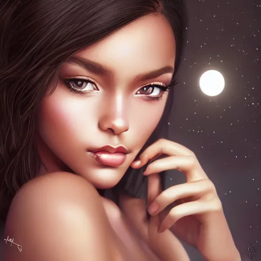 Image similar to a gorgeous female photo, professionally retouched, soft lighting, wearing sundress, illuminated by moonlight, realistic, smooth face, ebony goddess, luscious lips, perfect eyes, wide angle, sharp focus on eyes, 8 k high definition, insanely detailed, intricate, elegant, art by artgerm and wlop