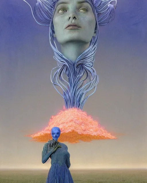 Image similar to A portrait of a woman wearing clothes made out of dying flowers, nuclear explosion in the background, Masterpiece, blue skin, glowing, wires everywhere, by Edgar Maxence and Ross Tran, Zdzisław Beksiński, and Michael Whelan, distant, gustav dore, H.R. Giger, 8k, octane render