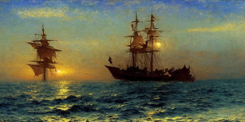 Prompt: Pirate ship sailing on a sea of cloud, by Ilya Repin. star lit sky, ultra realistic.