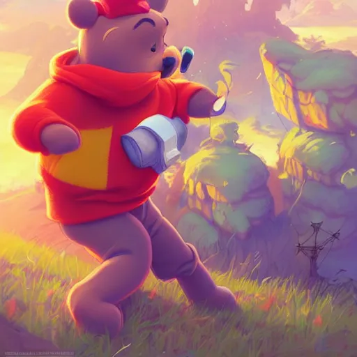 Image similar to winnie the pooh fantasy art apex fortnite video game icon, 2 d game art gta 5 cover, official fanart behance hd artstation by jesper ejsing, by rhads, makoto shinkai and lois van baarle, ilya kuvshinov, rossdraws