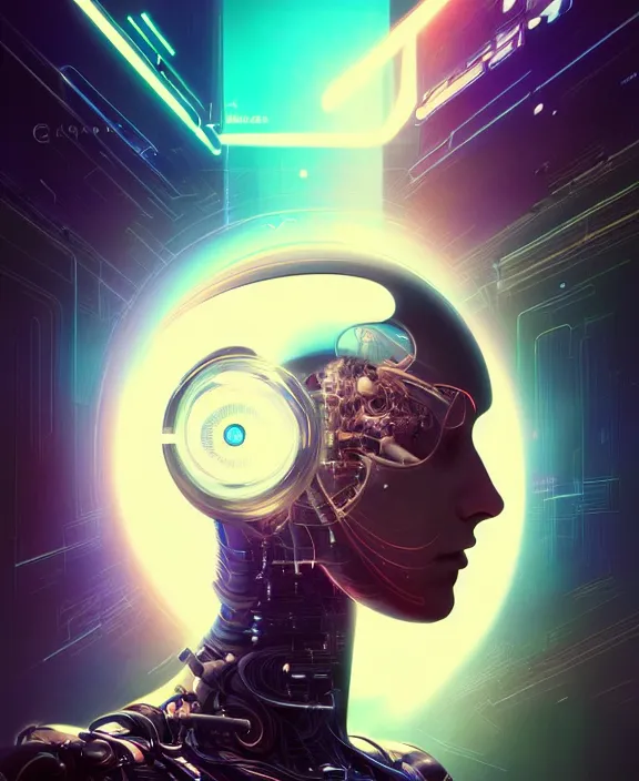 Prompt: a whirlwind inside the metaverse, guy, man, science, machine face, futuristic, hologram, half body, neurochip, android, cyborg, cyberpunk face, by loish, d & d, fantasy, intricate, elegant, highly detailed, colorful, digital painting, artstation, concept art, art by artgerm and greg rutkowski and alphonse mucha