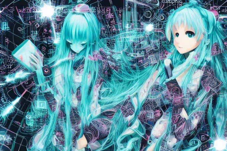 Image similar to fractal hatsune miku gnu / linux desktop environment, romance novel cover, cookbook photo, in 1 9 9 5, y 2 k cybercore, industrial photography, still from a ridley scott movie