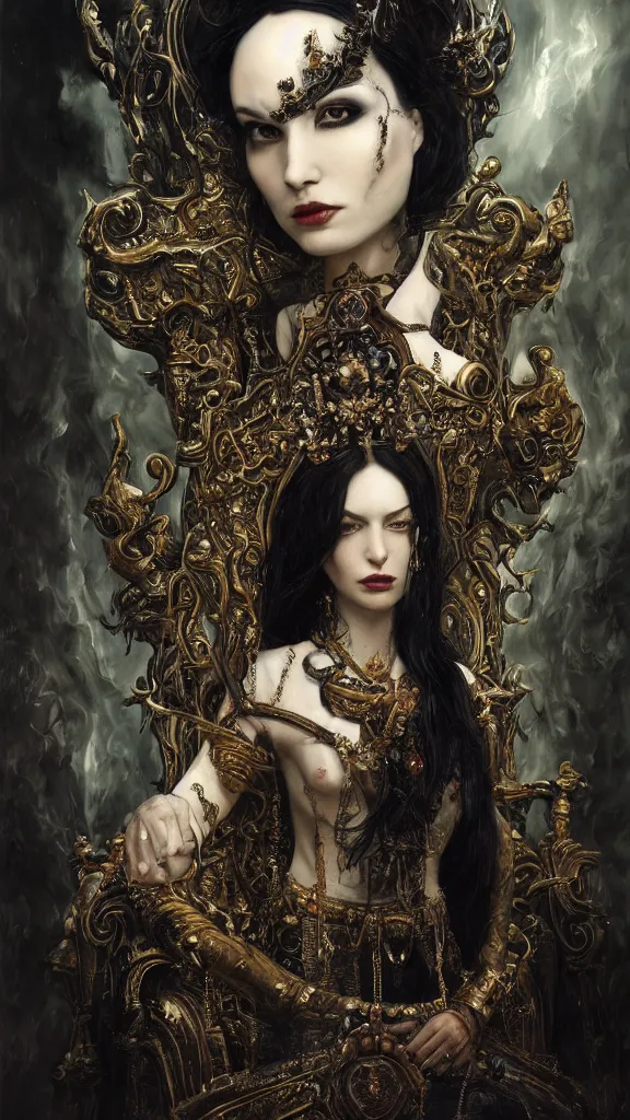 Image similar to a beautiful black haired woman with pale skin and a crown on her head sitted on an intricate metal throne, intimidating woman, large black eyes, high forehead, smooth pale skin, ethereal skin, ominous, eldritch. oil painting by nuri iyem, james gurney, james jean, greg rutkowski, highly detailed, soft lighting, chiaroscuro