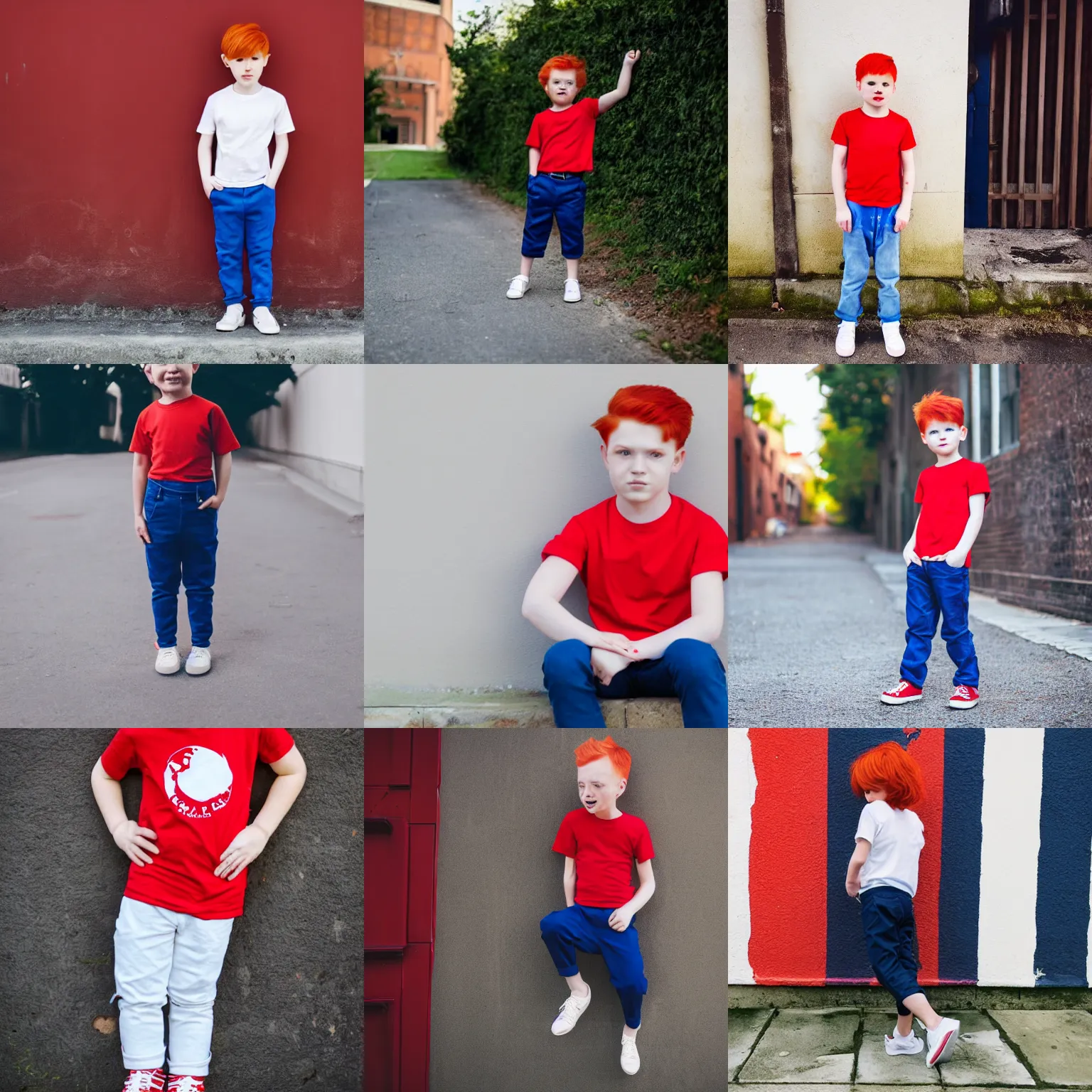 Prompt: Boy with red hair wearing red T-shirt, dark blue pants and white shoes