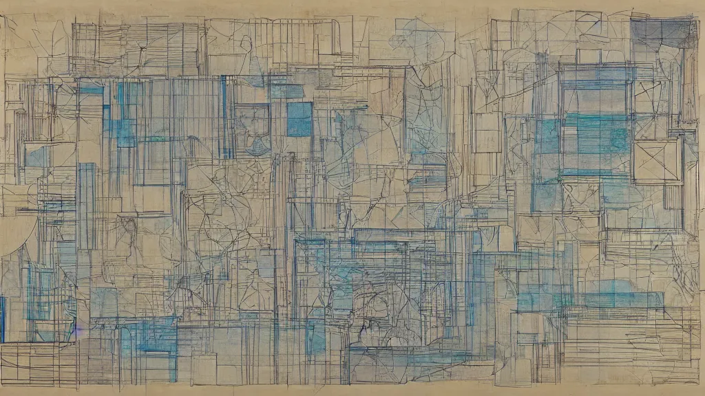 Prompt: An abstract artwork made of layered colored architectural plans and blueprints, with dimensions, titleblocks and section bubbles drawn by Rupi Kaur and Leonardo da Vinci and Kim Jung Gi,