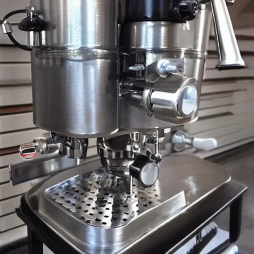 Image similar to an industrial coffee machine with metal plates and pipes