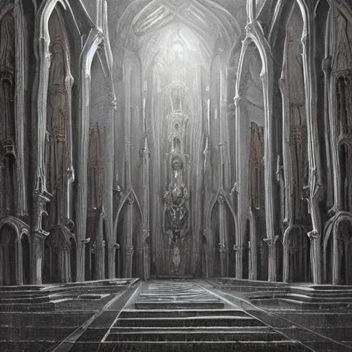 Prompt: monstrous and twisted cathedral with an altar that has a statue to many eyed and four armed cthulhu. in the style of hr giger and zdzisław beksinski piranesi gloom misty glow oil painting biomechanical