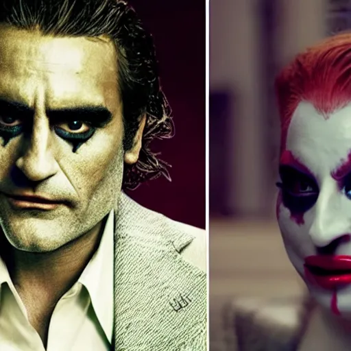 Image similar to detailed 4 k photorealistic lady gaga and joaquin phoenix footage in next joker movie in the style of nick ut and eddie adams and margaret bourke and yousuf karshs and alfred eisenstaedt