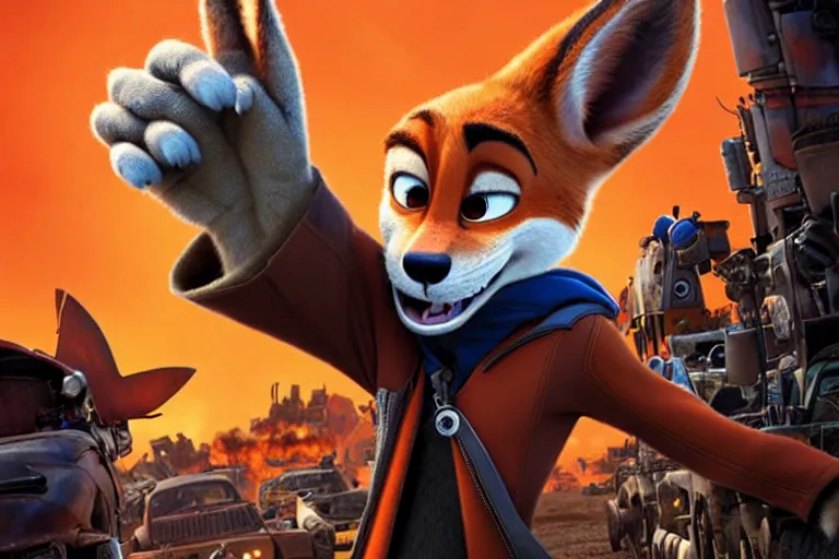 Image similar to nick wilde ( from zootopia ), heavily armed and armored facing down armageddon in a dark and gritty reboot from the makers of mad max : fury road