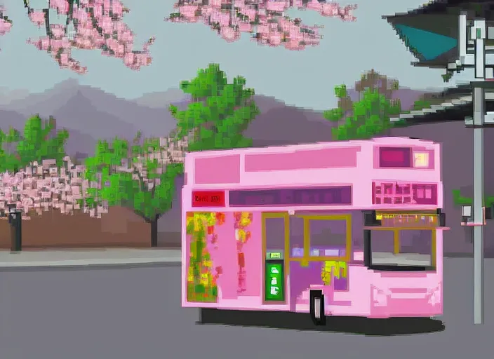 Image similar to pixel art of a bus stop in kyoto where cherry blossoms bloom a warm pink color.