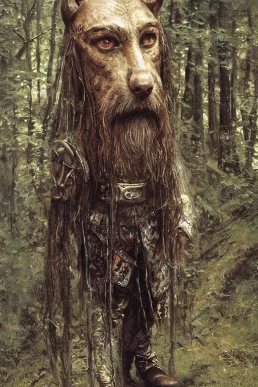 Image similar to slavic dog head man, woolen torso in medieval clothes, walking in the forest, orthodox saint christopher, art by luis royo, oil painting, painting by viktor vasnetsov, concept art, hyperrealism, beautiful, high resolution, trending on artstation,