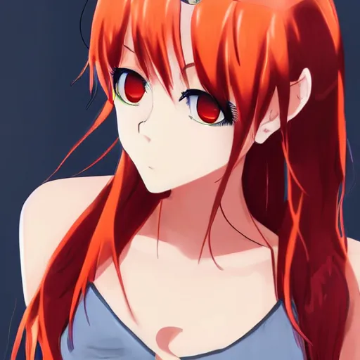 Image similar to key anime visual of a girl with red hair and orange eyes, smirking, trending on Pixiv; beautiful, sharp, detailed