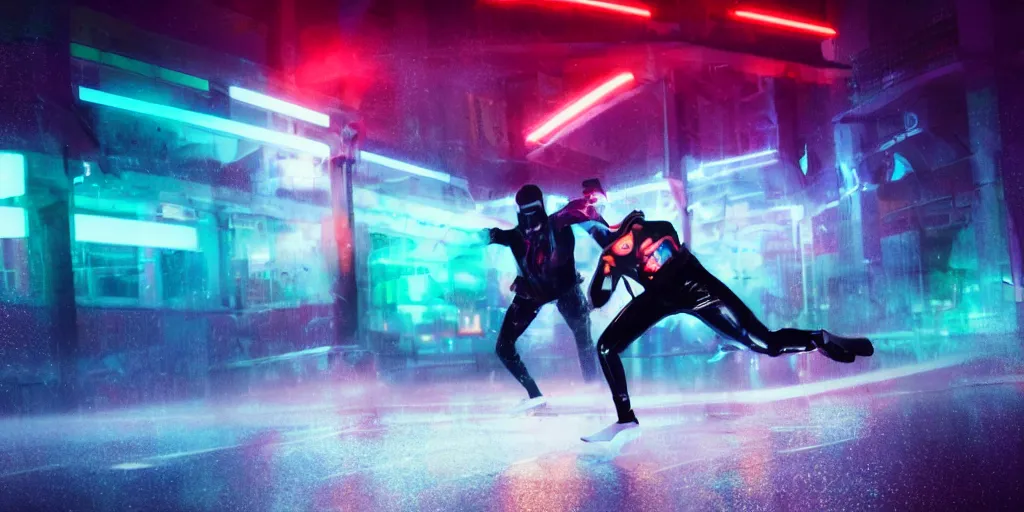 Image similar to cinematic slow motion camera wide angle of slow motion film still of futuristic break dancer wearing latex with neon lights, long exposure shot , motion blur, at night in the middle of a rainy and foggy surreal streer, paddle of water, water splashes, rim lights, glossy reflections, water droplets on lens, octane render, depth of field, detailed and soft, by laurie greasley