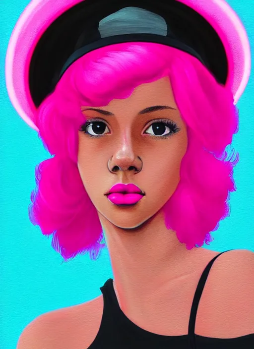 Image similar to portrait of teenage vanessa morgan with bright pink hair, black girl, curly pixie cut hair, wearing newsboy cap, pink short haircut, newsboy cap, hoop earrings, blue eyes, intricate, elegant, glowing lights, highly detailed, digital painting, artstation, concept art, smooth, sharp focus, illustration, art by wlop, mars ravelo and greg rutkowski