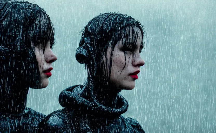 Image similar to cinestill 5 0 d candid photographic portrait by christopher nolan of two loving female androids wearing rugged black mesh techwear in treacherous waters, extreme closeup, modern cyberpunk moody emotional cinematic, pouring rain menacing red spotlight, 8 k, hd, high resolution, 3 5 mm, f / 3 2, ultra realistic faces, ex machina