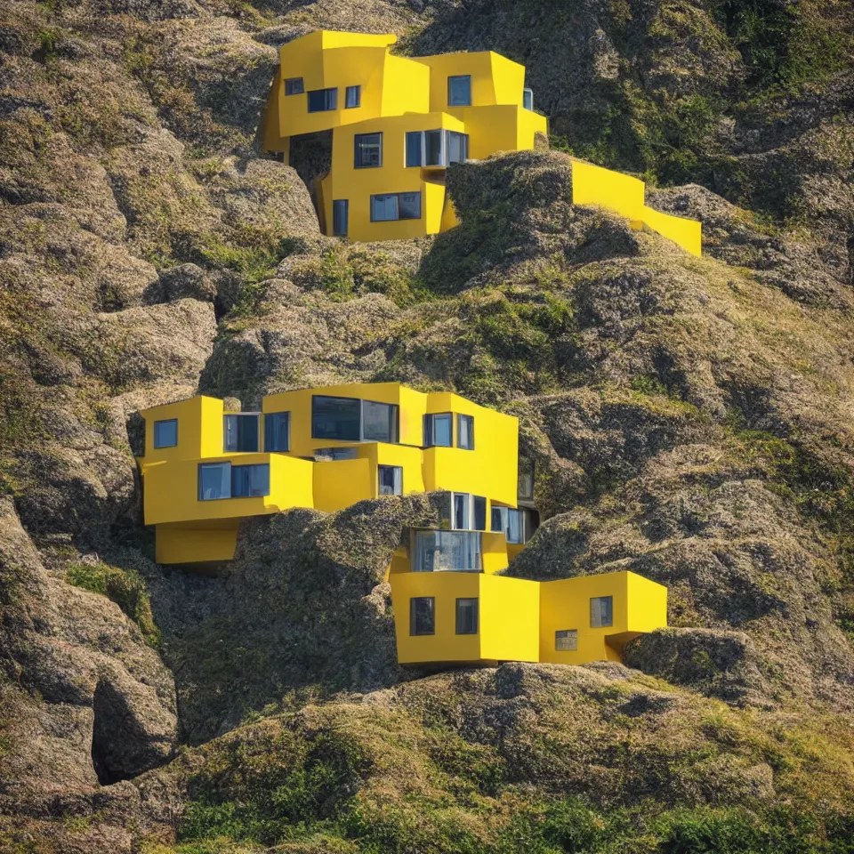 Prompt: a tiny flat horizontal house on a cliff, designed by Frank Gehry. Big tiles. Small wooden pathway . Film grain, cinematic, yellow hue