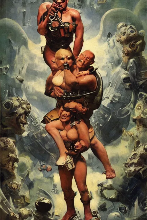 Image similar to 5 0 s pulp scifi fantasy illustration full body portrait martyn ford as huge troll wearing space armour and carrying a woman, by norman rockwell, roberto ferri, daniel gerhartz, edd cartier, jack kirby, howard v brown, ruan jia, tom lovell, frank r paul, jacob collins, dean cornwell, astounding stories, amazing, fantasy, other worlds