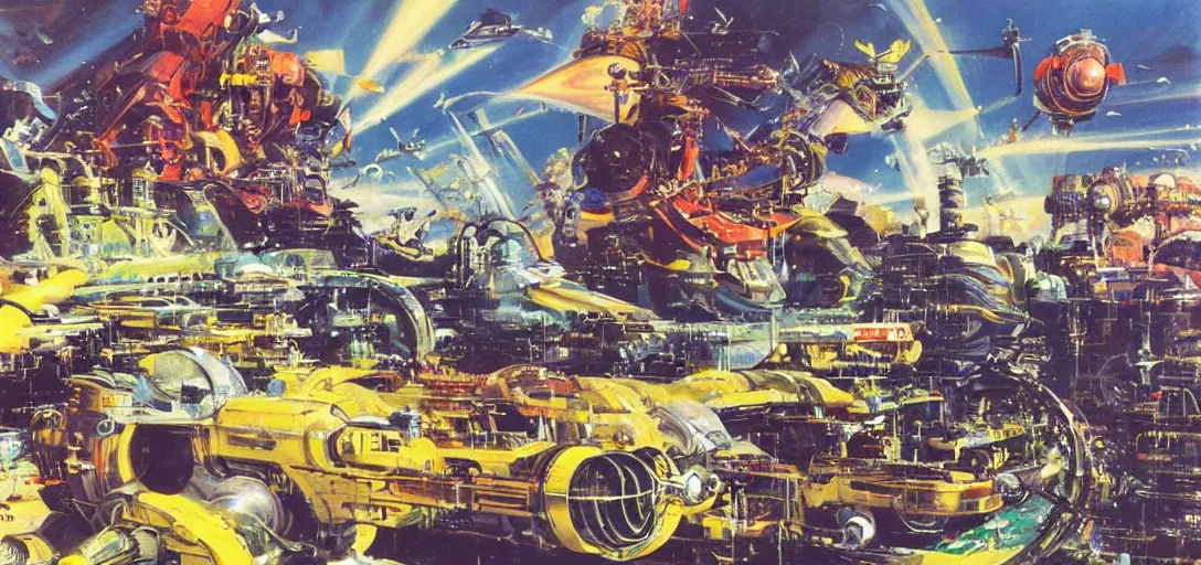 Image similar to a hypercomplex ray-gun gauss-cannon with numerous gadgets and doodads painted by john berkey and dr seuss