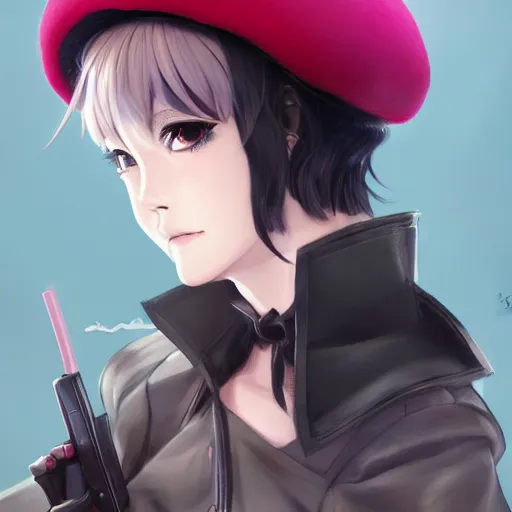 Image similar to anime portrait of an young European woman with short pink hair wearing a black French beret woman anime antagonist by Stanley Artgerm Lau, WLOP, Rossdraws, James Jean, Andrei Riabovitchev, Marc Simonetti, and Sakimichan, trending on artstation