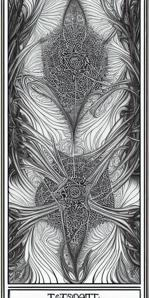 Image similar to a beautiful vaporwave fractal tarot card featuring bold occult imagery with clean lines. haeckel. detailed adult coloring book