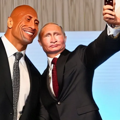 Image similar to dwayne johnson taking a selfie with putin