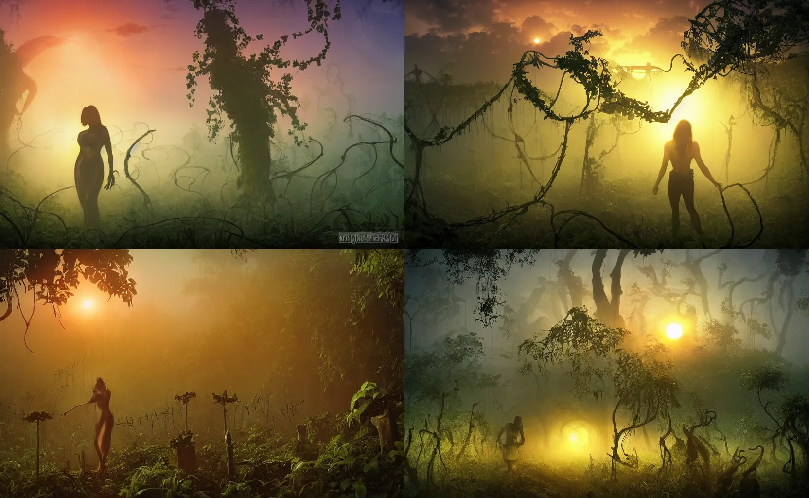 Prompt: foggy jungle graveyard with backlight , vines with spikes ,woman silhouette backlight , backlight on everything , by frazetta, cloudy sunset mood