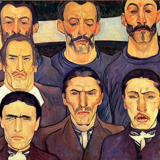 Image similar to faces of anxiet, xanax, painted by ferdinand hodler