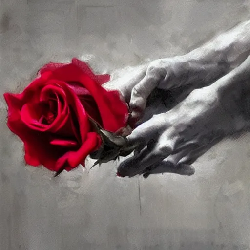 Image similar to hyperrealistic hand holding a red rose by ruan jia and greg rutkowski