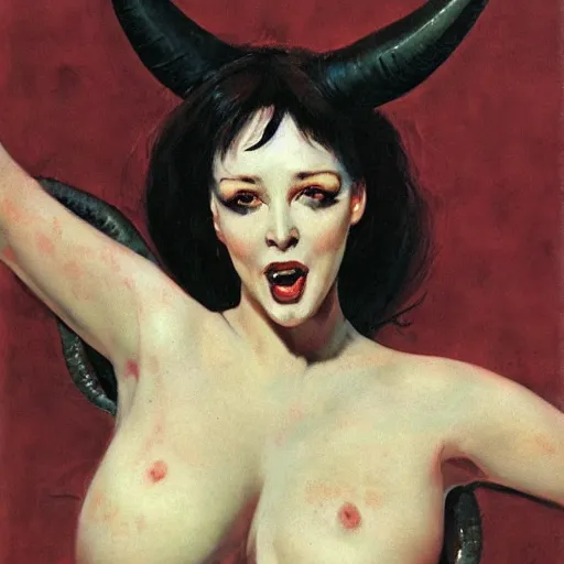 Image similar to portrait of an ecstatic woman with horns, by Robert McGinnis