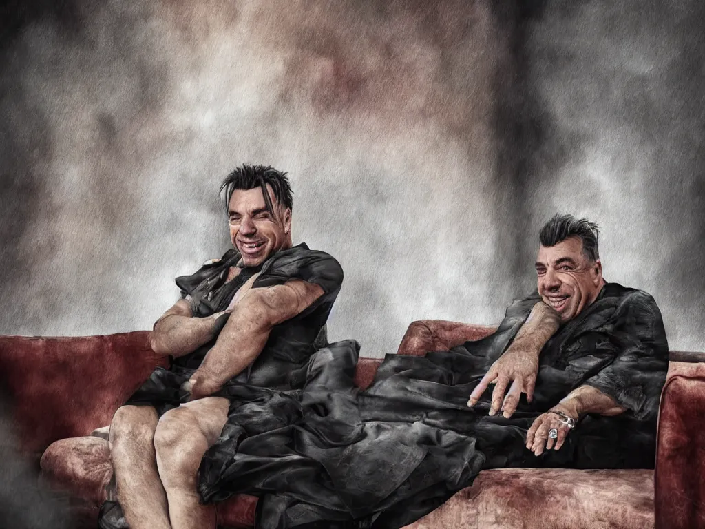 Image similar to extremely detailed digital painting of till lindemann sits on the couch with grandmother and laughing, stunning scene, 4 k, realism, bright colors, trending on artstation