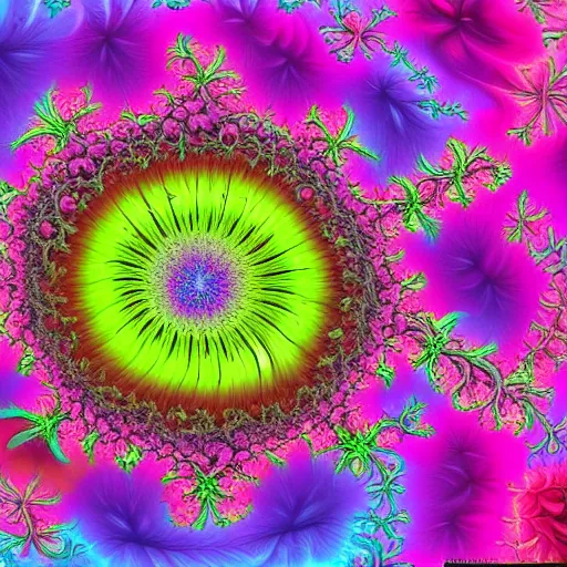 Prompt: a brightly colored ultra - realistic and very detailed painting of organic flowers constructed from elaborate fractals ; high resolution, 4 k, mandelbrot set, chaos, fractal, math, deviantart, photo - realistic