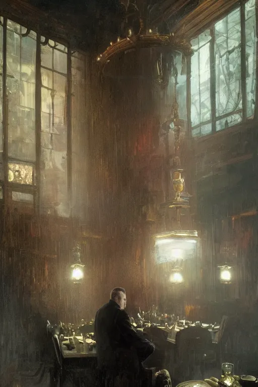 Image similar to , h p lovecraft eating soup at the victorian dining room hyperrealistic portrait, bladerunner street, art of elysium by jeremy mann and alphonse mucha and greg rutkowski, fantasy art, photo realistic, dynamic lighting, artstation, poster, volumetric lighting, very detailed face, 4 k, award winning