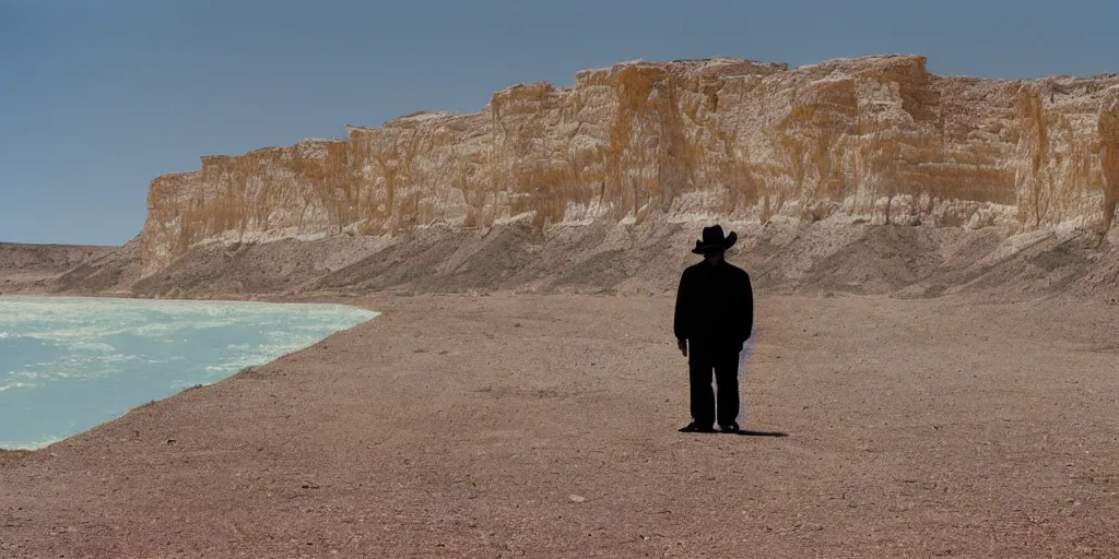 Prompt: photo of green river, wyoming cliffs. the silhouette of an old man in a trench coat and a cane stands still very far away in the distance, facing at the camera. midday sun. hot and dry conditions. kodak ektachrome.