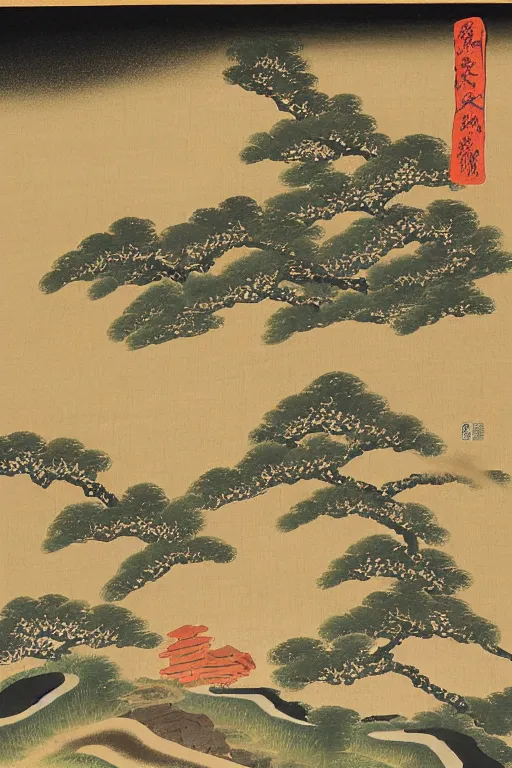 Image similar to japanese painting of a landscape by kano sanraku in the style of nihonga, gold