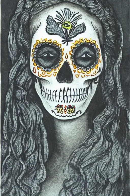 Prompt: Illustration of a sugar skull day of the dead girl, art by caspar david friedrich