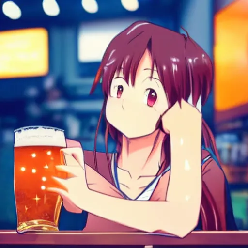 Prompt: 2D Masculine but cute anime girl sitting at a bar, holding a large glass of beer, obviously drunk, camera angle looking up at her, anime, detailed eyes with stars as pupils, warm orange lighting, beautiful scene, extremely detailed face