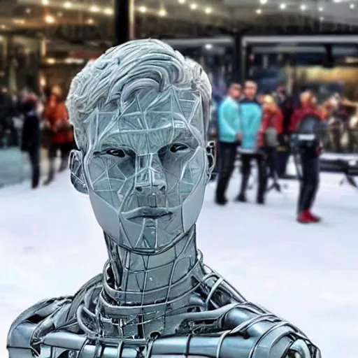 Image similar to made of ice, a realistic detailed photo of a guy who is an attractive humanoid who is half robot and half humanoid, who is a male android, on display, blank stare, showing off his muscles, shiny skin, posing like a statue, by the pool, frozen ice statue, f 1 driver max verstappen, humanoid robot