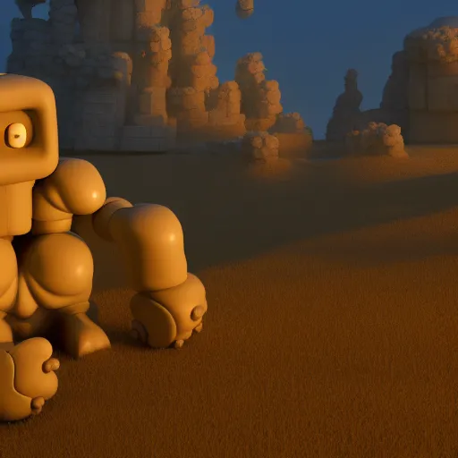 Prompt: A Marshmallow Golem wandering a candy landscape, mystical, mysterious, magical, Octane Render, Raytracing, 135mm camera lens, golden hour