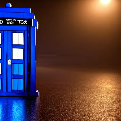 Image similar to a hyperdetailed photograph of the tardis sat on a futuristic street corner, night, dense fog, rain, hd, 8 k resolution